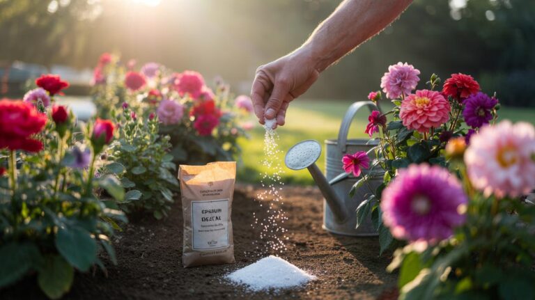 Illustration of applying Epsom salt (magnesium sulfate) to garden flowers to boost petal size and colour