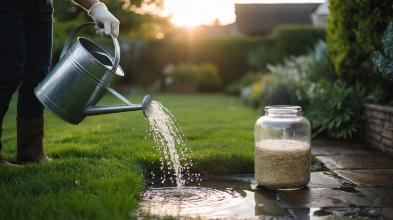 Illustration of applying rice water to a lawn to enhance greenery and natural growth