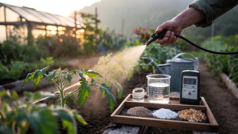 Illustration of targeted application of nutrient salts (Epsom salt, potassium nitrate, calcium nitrate) to garden plants to accelerate growth