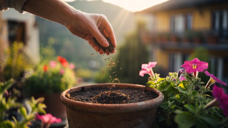 Illustration of used tea leaves being sprinkled onto the soil of potted flowering plants to enhance nutrient levels and boost blooms within weeks.
