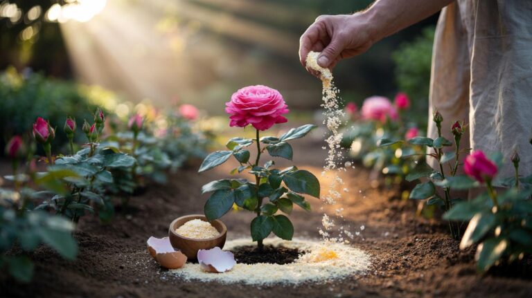 Illustration of finely ground eggshell powder being applied to the soil around a rose bush to supply calcium and enhance bloom quality within two weeks