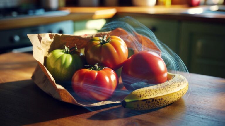 Illustration of tomatoes ripening next to a banana in a loosely folded paper bag, showing ethylene gas accelerating the process