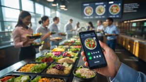 Illustration of social proof nudging healthier meal selections via popularity badges and default salad options in a workplace canteen