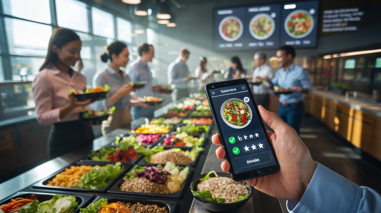 Illustration of social proof nudging healthier meal selections via popularity badges and default salad options in a workplace canteen