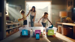 Illustration of children and a parent running a five-minute tidy drill, putting toys, books, and clothes into clear, labeled bins and baskets in a cluttered living room with a timer on a table