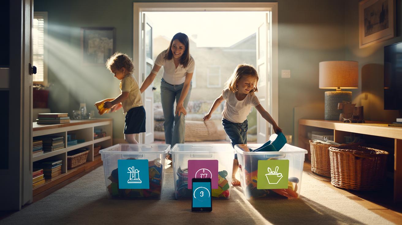Illustration of children and a parent running a five-minute tidy drill, putting toys, books, and clothes into clear, labeled bins and baskets in a cluttered living room with a timer on a table