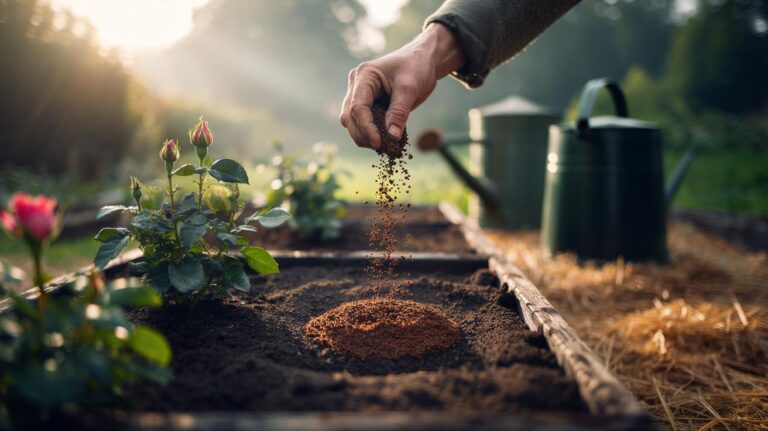 Illustration of used coffee grounds being incorporated into garden soil around plants to enhance soil structure and plant health