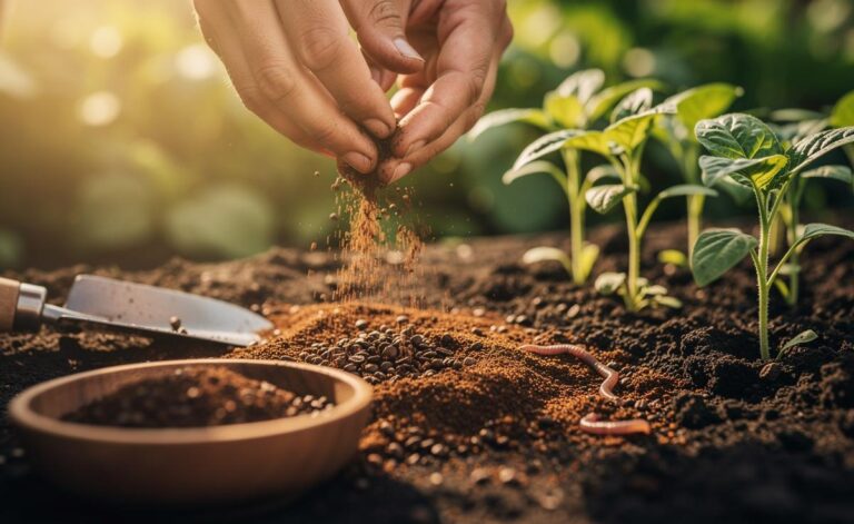 Illustration of used coffee grounds being lightly spread and mixed into garden soil to improve soil structure and fertility