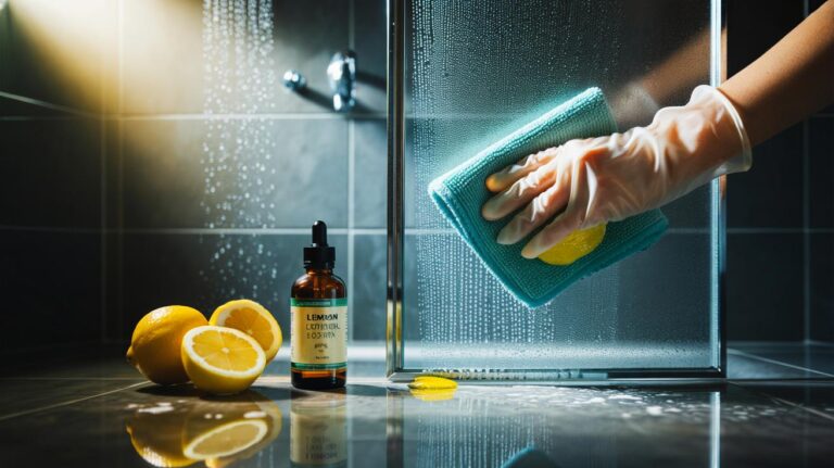 Illustration of lemon oil being used to remove soap scum from a glass shower screen and chrome fixtures, revealing a high-gloss, streak-free shine in minutes