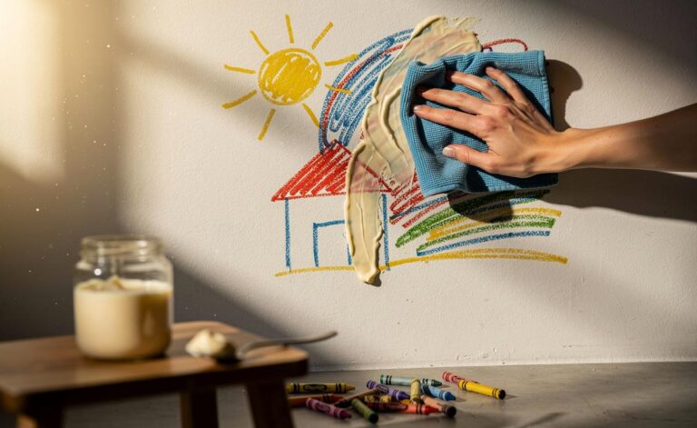 Illustration of mayonnaise applied to crayon marks on a painted wall being wiped away with a soft cloth