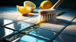 Illustration of lemon juice being applied to tile grout lines with a soft brush to dissolve grime in one minute