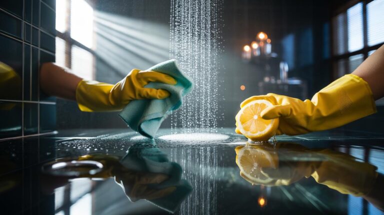 Illustration of using lemon juice and a microfibre cloth to erase soap scum from a glass shower screen in 2 minutes