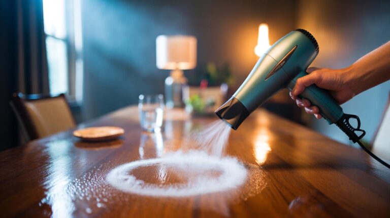 Illustration of a hair dryer being used to remove a white water ring from a wooden tabletop.