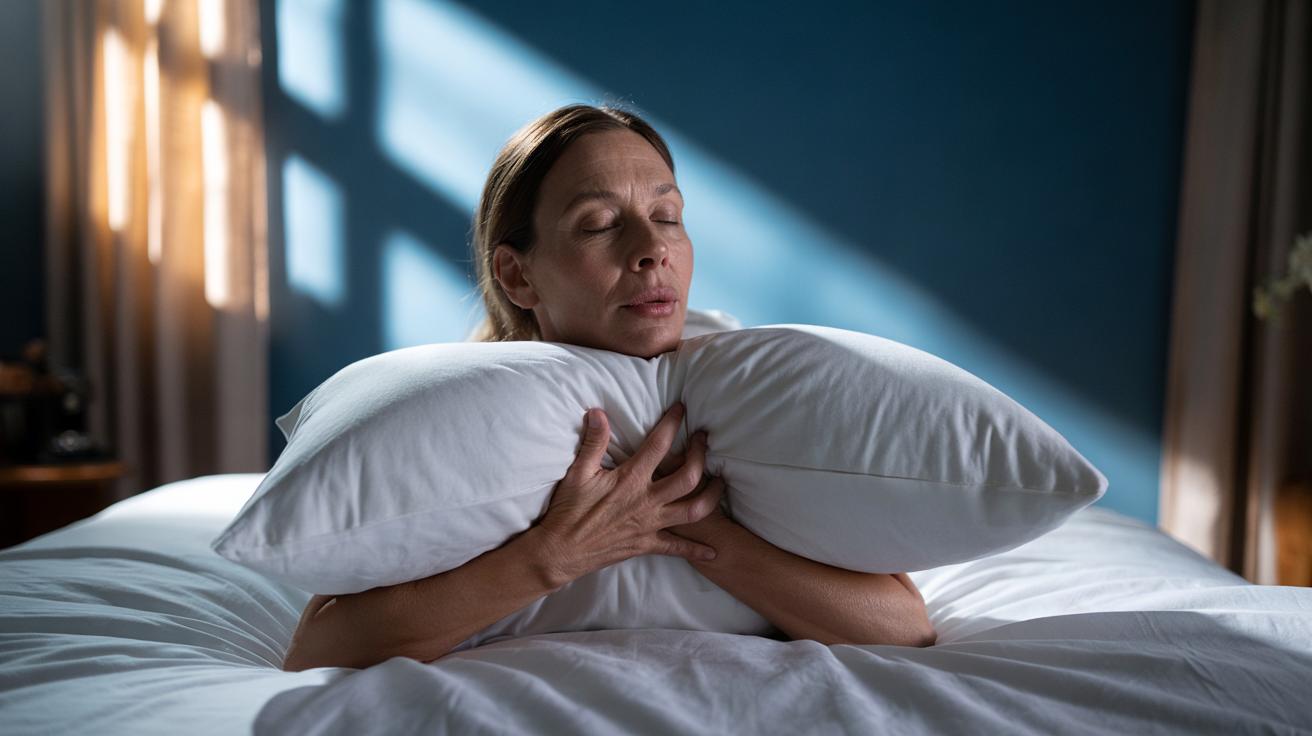 Illustration of a person adjusting pillow loft and angle by folding the lower third to create a shoulder pocket for neutral neck alignment