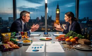 Illustration of UK experts debating dietary guidelines, focusing on saturated fat, ultra-processed foods, and the Eatwell Guide