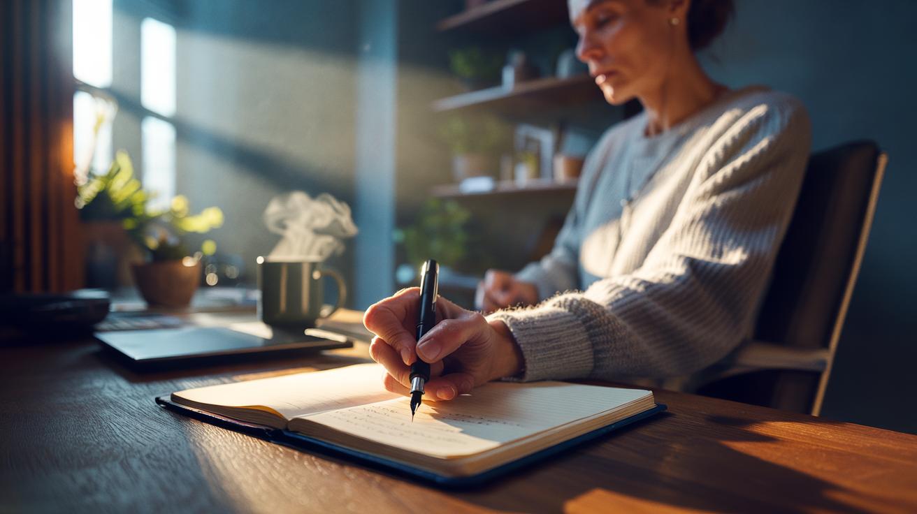 Illustration of a person working from home and handwriting device-free Morning Pages to boost creativity
