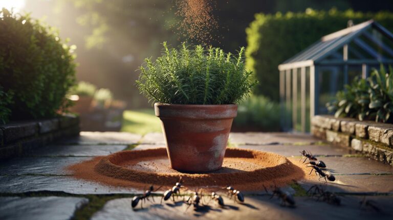 Illustration of ground cinnamon sprinkled around garden plants to repel ants