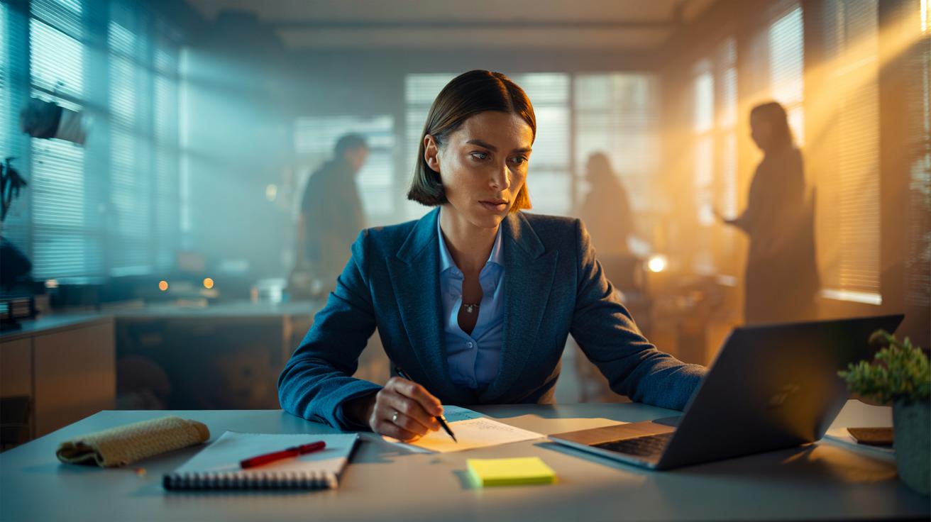 Illustration of a professional in blue clothing at work, conveying calm focus and productivity