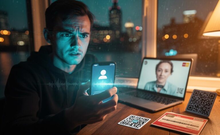 Illustration of AI-driven scam tactics in 2026, including voice cloning, deepfakes, QR code phishing, and social engineering targeting UK consumers