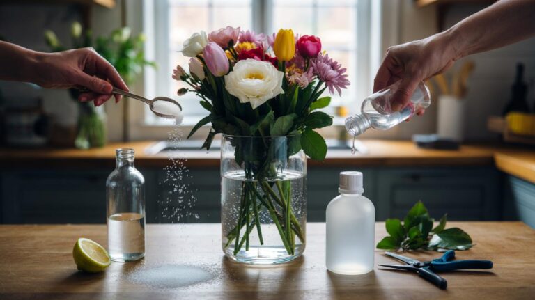 Illustration of a vase of cut flowers being treated with a simple sugar, acid, and biocide mix to extend bloom life
