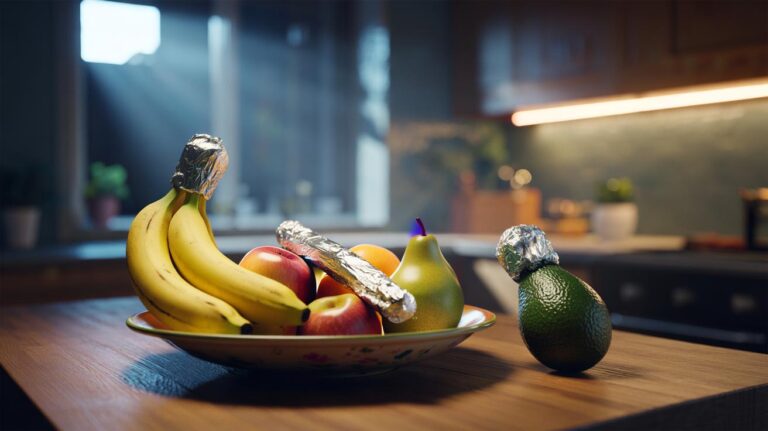 Illustration of a kitchen fruit bowl with aluminium foil wrapped around banana stems and used as a divider to prevent rapid ripening overnight