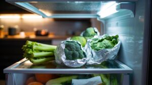Illustration of vegetables wrapped in aluminium foil, including celery, broccoli, and leafy greens, stored in a refrigerator crisper drawer to slow natural spoilage