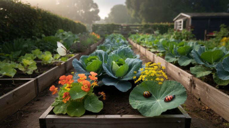Illustration of trap cropping in a UK vegetable garden with nasturtiums and mustard planted as decoys around brassicas to lure pests away