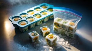 Illustration of chopped herbs suspended in whisked eggs, portioned into silicone ice cube trays and labeled for months-long freezer preservation