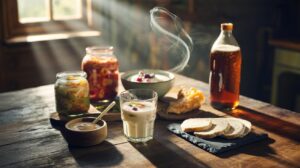 Illustration of a selection of live-culture fermented foods: yoghurt, kefir, kimchi, sauerkraut, miso, and kombucha that support digestive health