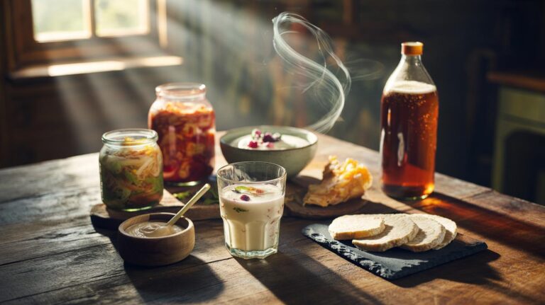 Illustration of a selection of live-culture fermented foods: yoghurt, kefir, kimchi, sauerkraut, miso, and kombucha that support digestive health