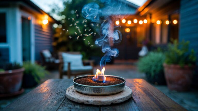 Illustration of smouldering dried coffee grounds in a heatproof dish on a patio, with smoke deterring mosquitoes for days