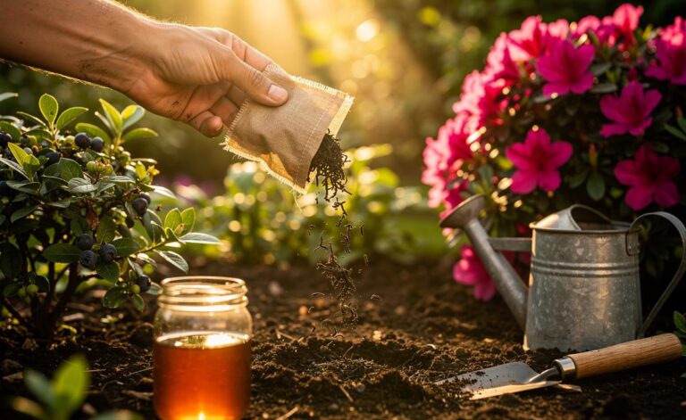Illustration of using leftover tea and opened tea bags to fertilise garden soil and plants naturally