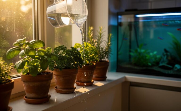 Illustration of fertilizing potted herbs with nutrient-rich fish tank water