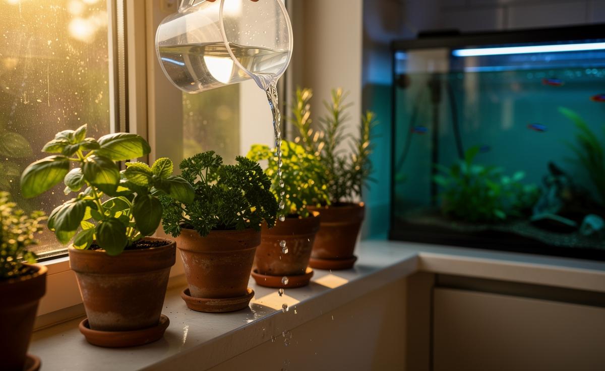 Illustration of fertilizing potted herbs with nutrient-rich fish tank water