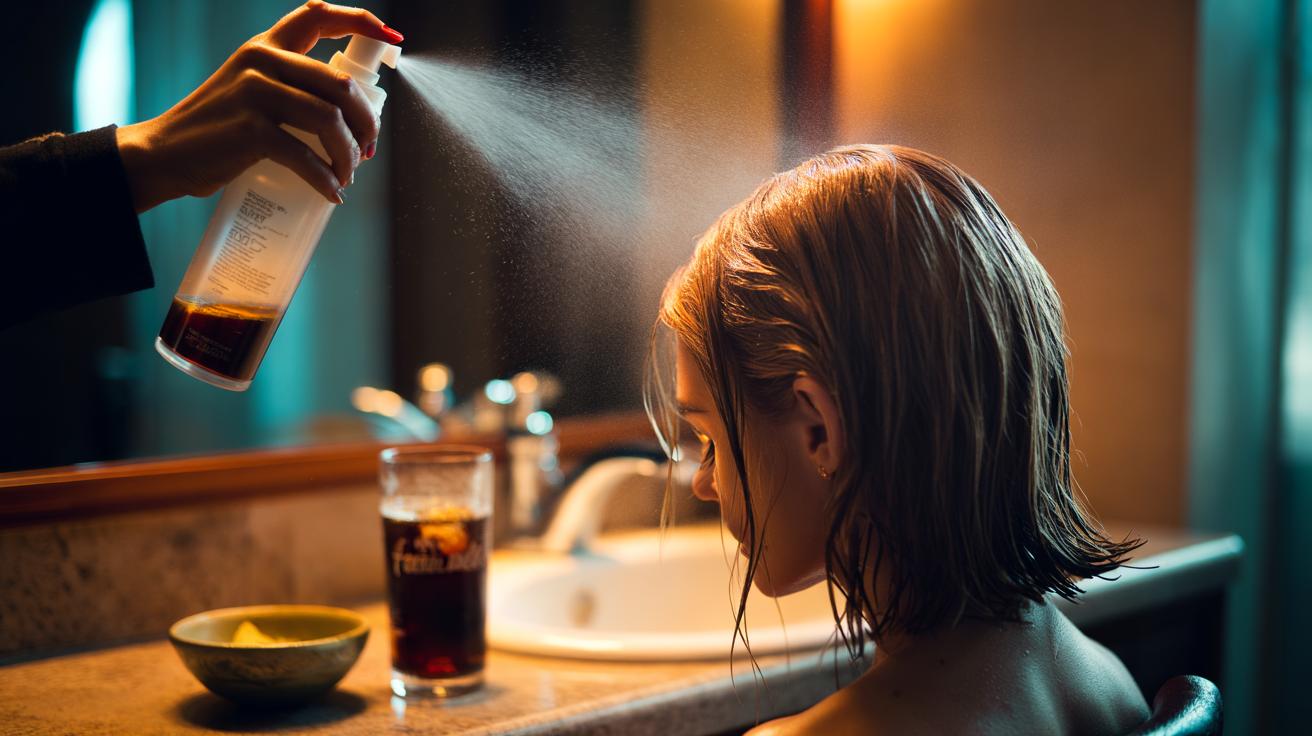 Illustration of a flat cola hair rinse being sprayed onto limp roots to add sugar-driven texture and lift