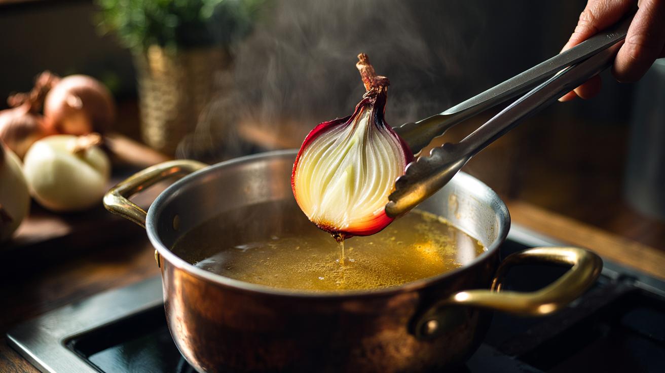 Illustration of a halved, seared onion being added to a simmering pot of stock to boost aroma, umami, and colour