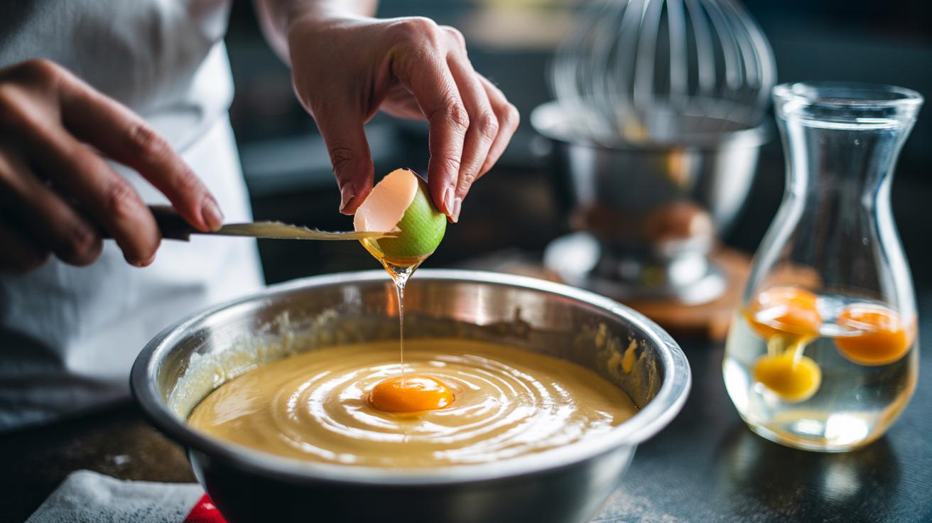 Illustration of hands using a cracked eggshell to lift a tiny shell shard from cake batter in a mixing bowl