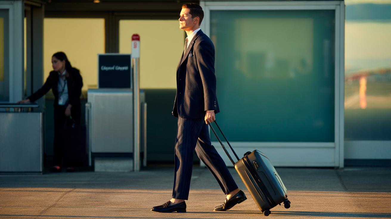 Illustration of a traveler at an airport wearing a tailored blazer, structured trousers, and clean closed-toe shoes