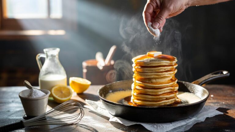 Illustration of fluffy pancakes made with a pinch of baking soda, showing bubbles in acidic batter and a tall, golden stack achieved in minutes