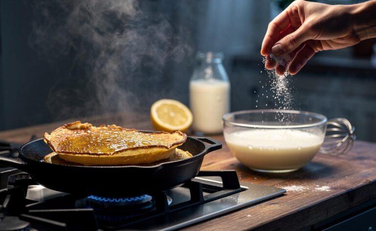 Illustration of fluffy, sky-high pancakes rising in a hot pan after a pinch of baking soda is added to acidic batter