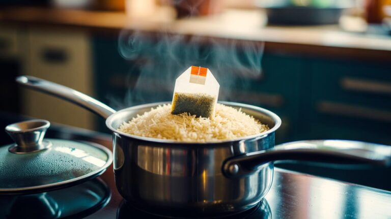 Illustration of a dry tea bag resting on freshly cooked rice to wick steam and achieve fluffy, separated grains