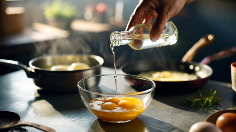 Illustration of a cook adding a splash of vinegar to eggs for fluffy scrambles, omelettes, and poached eggs