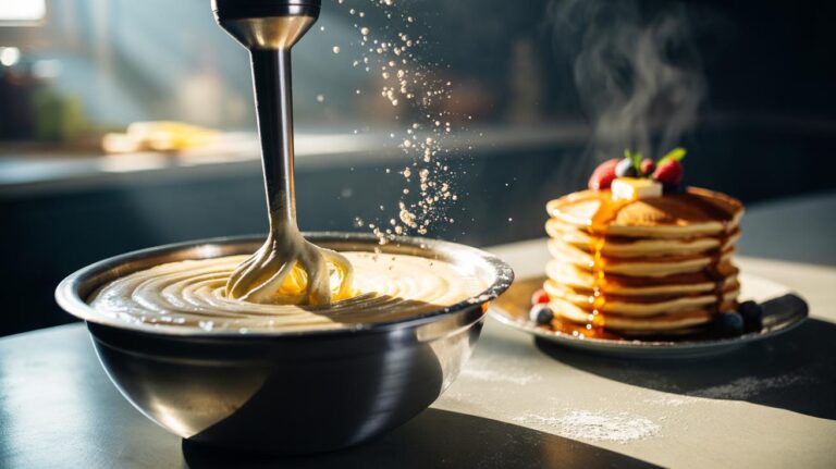 Illustration of rice or rice flour being blended into pancake batter for a rapid 30-second rise, yielding tall, fluffy pancakes