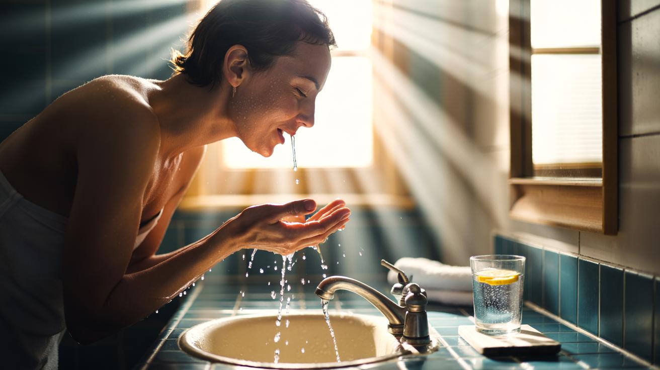 Illustration of a one-minute morning ritual combining a cold-water splash, physiological sigh breathing, and exposure to morning light to boost energy