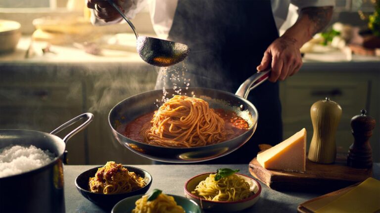 Illustration of the three-step formula to perfect pasta: boiling in well-salted water, finishing in sauce with reserved pasta water, and pairing pasta shapes with appropriate sauces