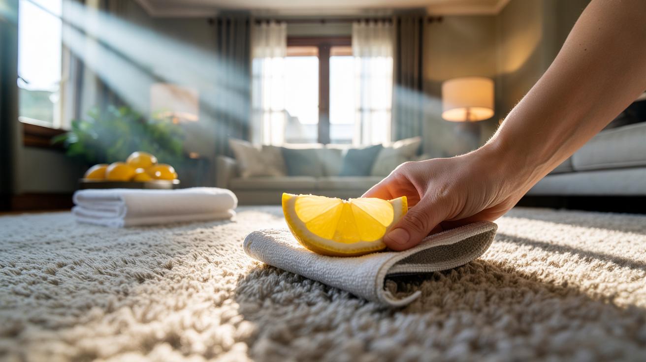 Illustration of a hand lightly gliding a cloth-wrapped lemon slice over carpet fibres to freshen a room in 10 minutes.