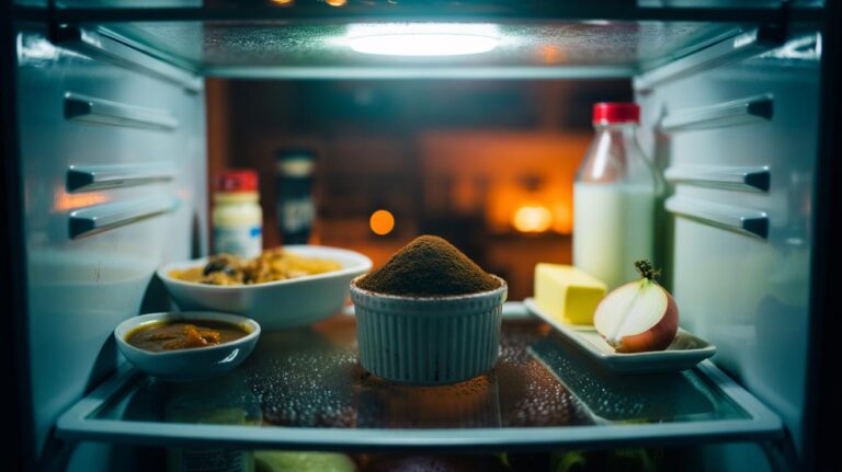 Illustration of used coffee grounds in a shallow dish on a refrigerator shelf to neutralise odours overnight
