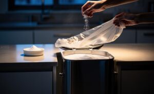 Illustration of a kitchen bin with a thin layer of baking soda under the liner, lid closed to work overnight and absorb odours