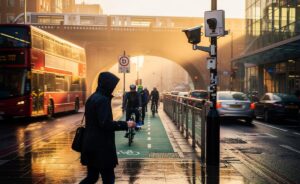 Illustration of UK commuters adapting to new peak fares, extended bus lanes, 20 mph corridors, and ANPR camera enforcement during the morning rush