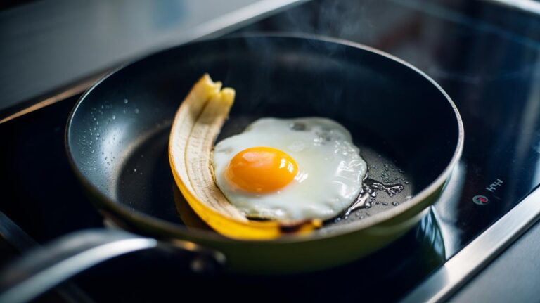 Illustration of an egg being fried on a banana peel in a pan without oil